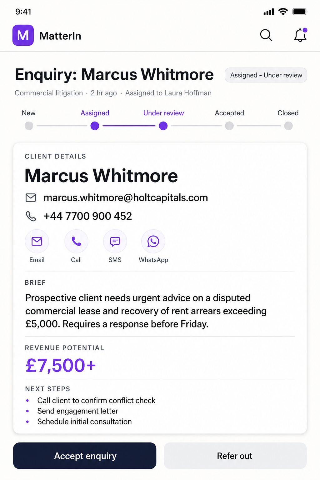 MatterIn enquiry detail for Marcus Whitmore, assigned to Laura Hoffman, with £7,500+ revenue potential and email, call, SMS and WhatsApp options